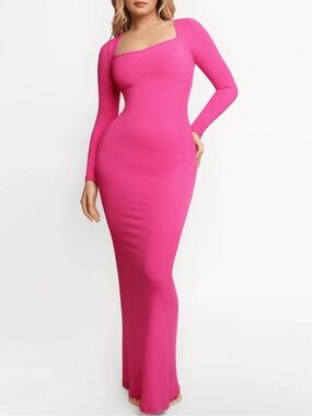 Popilush Hot Pink Long Sleeve Maxi Dress Built In Shapewear Sculpting Slimming